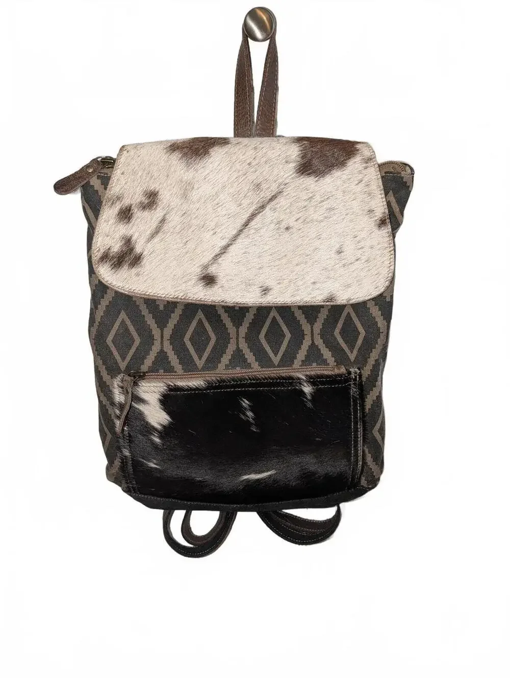 NEW Myra Bag Western Geometric Pattern and Cowhide Backpack Bag Mocha Splashes